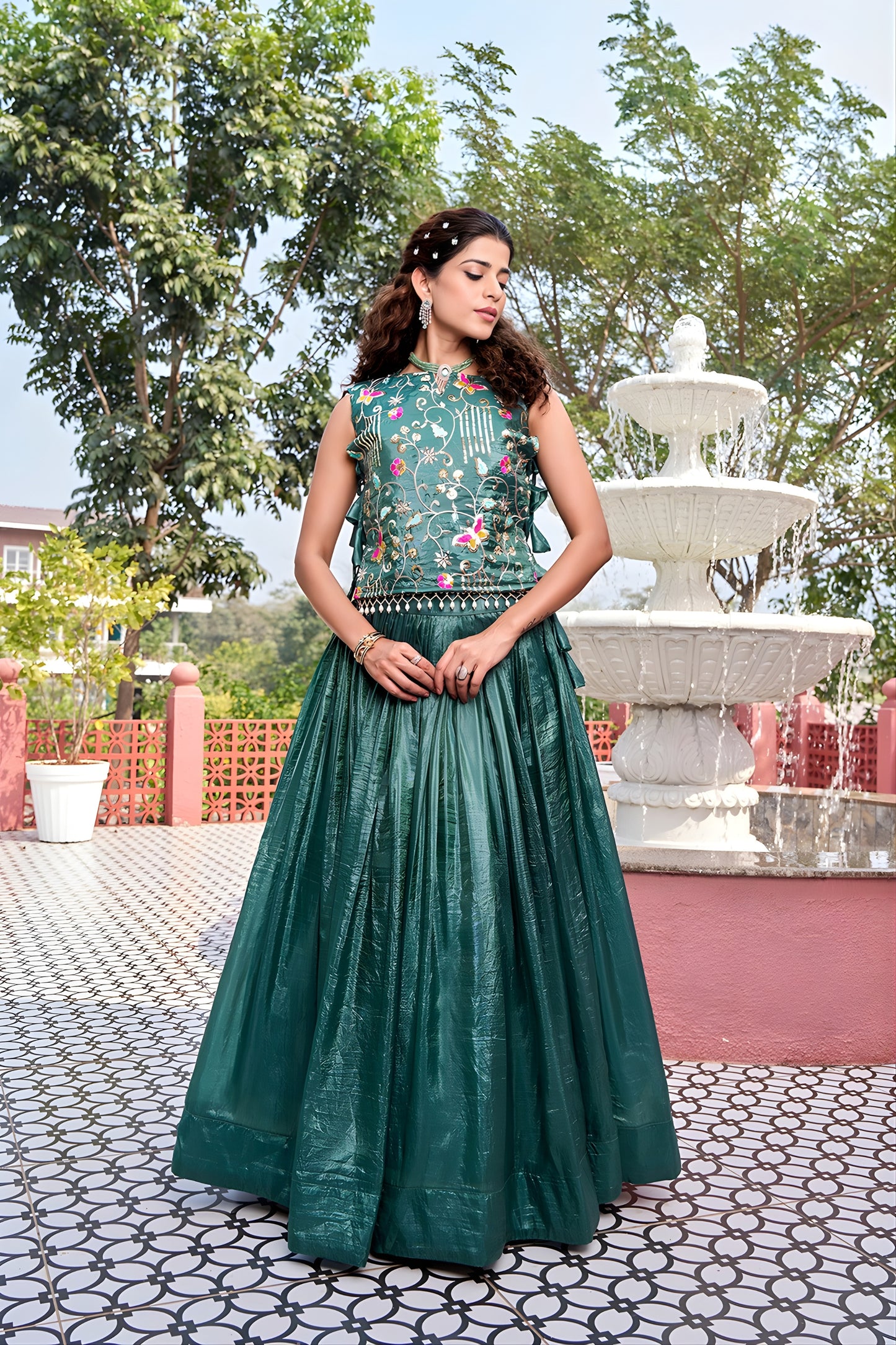 Stylish Teal Green Gold Crush Silk Embroidered Party Wear Readymade Lehenga Choli Set