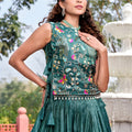 Stylish Teal Green Gold Crush Silk Embroidered Party Wear Readymade Lehenga Choli Set