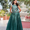 Stylish Teal Green Gold Crush Silk Embroidered Party Wear Readymade Lehenga Choli Set
