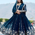 Stunning Teal Blue Faux Georgette Embroidered Party Wear Readymade Gown with Dupatta