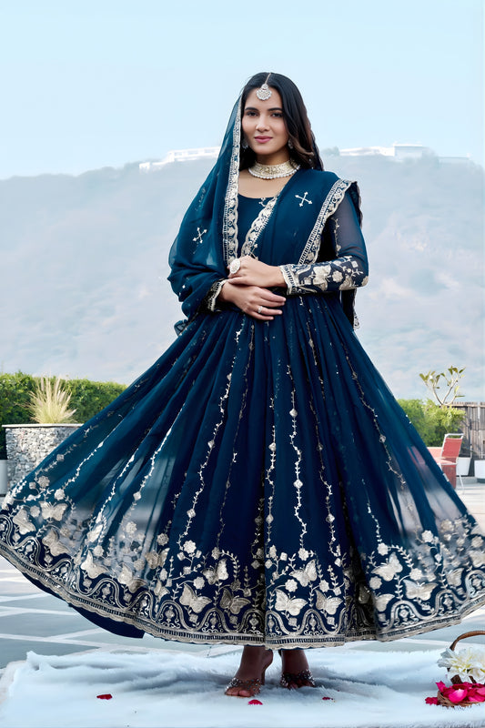 Stunning Teal Blue Faux Georgette Embroidered Party Wear Readymade Gown with Dupatta