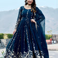 Stunning Teal Blue Faux Georgette Embroidered Party Wear Readymade Gown with Dupatta