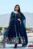 Stunning Teal Blue Faux Georgette Embroidered Party Wear Readymade Gown with Dupatta