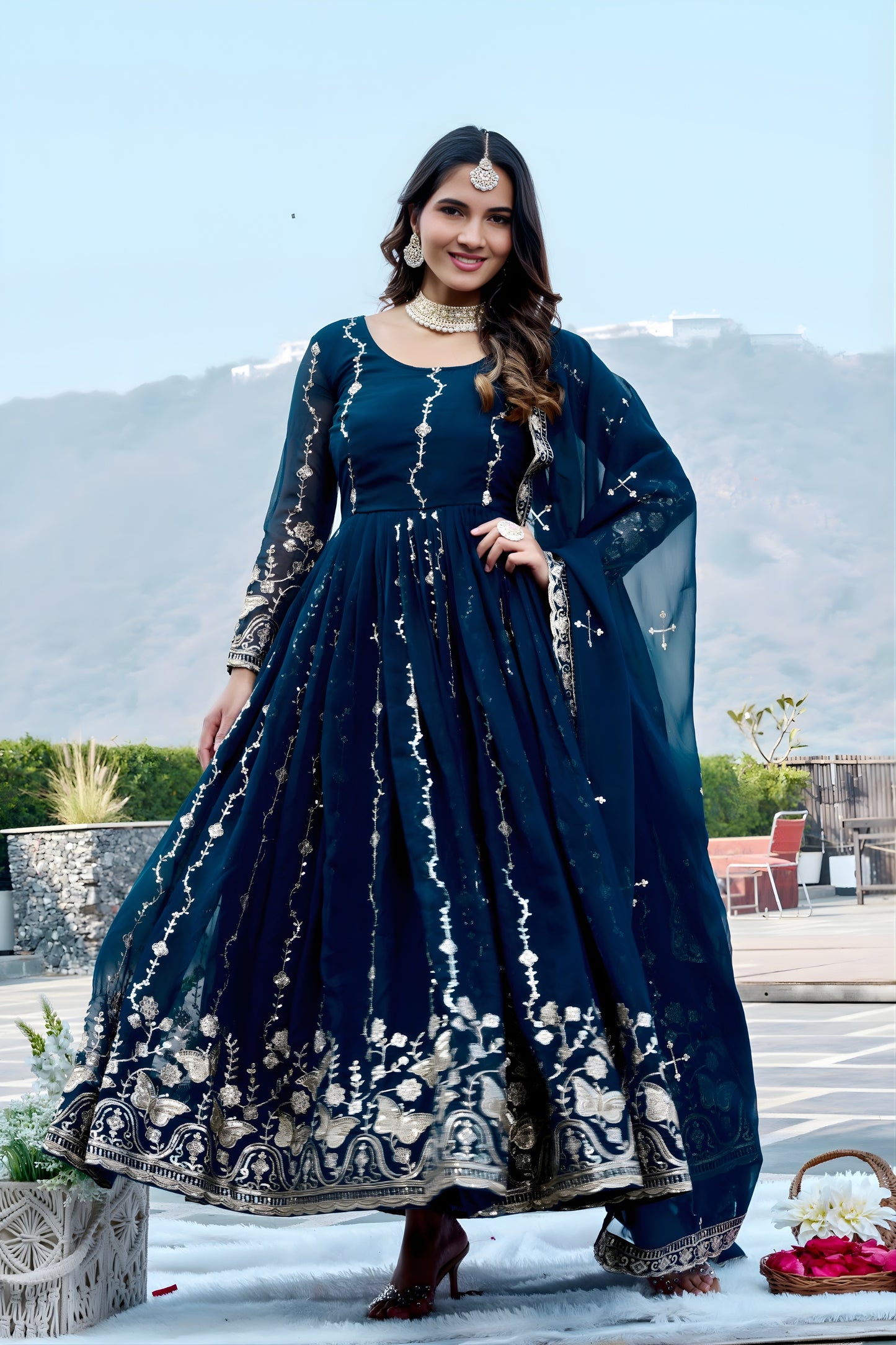 Stunning Teal Blue Faux Georgette Embroidered Party Wear Readymade Gown with Dupatta