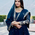 Stunning Teal Blue Faux Georgette Embroidered Party Wear Readymade Gown with Dupatta
