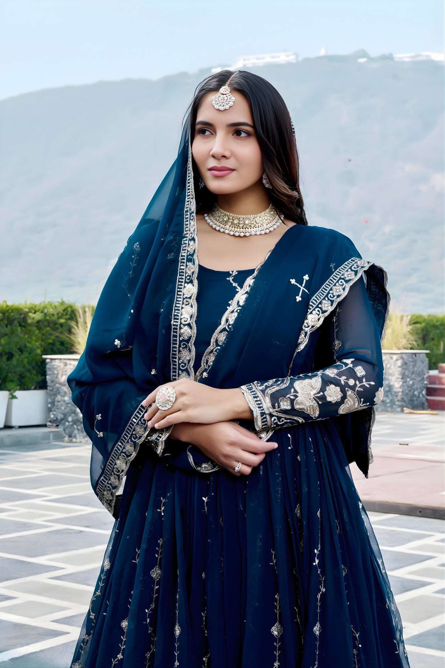 Stunning Teal Blue Faux Georgette Embroidered Party Wear Readymade Gown with Dupatta