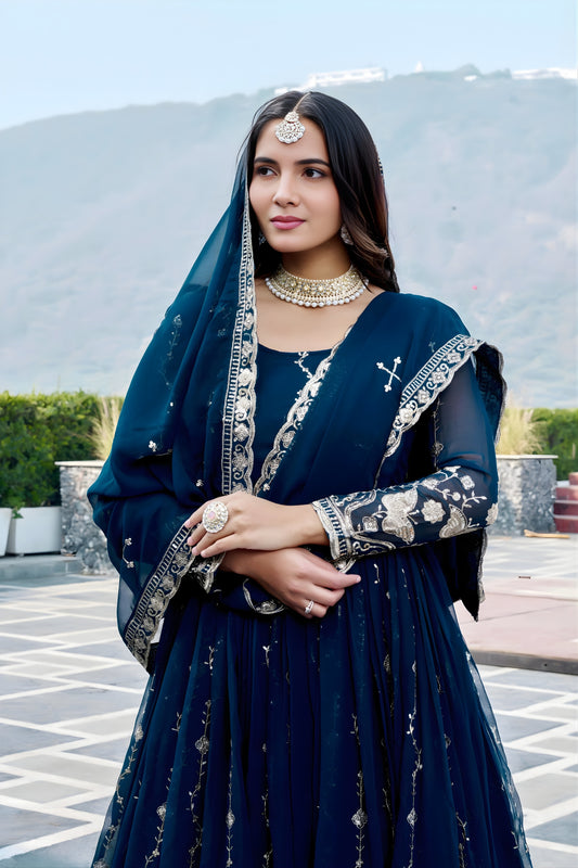 Stunning Teal Blue Faux Georgette Embroidered Party Wear Readymade Gown with Dupatta