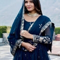 Stunning Teal Blue Faux Georgette Embroidered Party Wear Readymade Gown with Dupatta