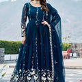 Stunning Teal Blue Faux Georgette Embroidered Party Wear Readymade Gown with Dupatta