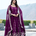 Fancy Purple Faux Georgette Embroidered Party Wear Readymade Gown with Dupatta