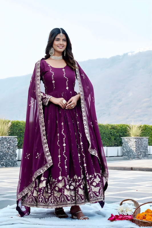Fancy Purple Faux Georgette Embroidered Party Wear Readymade Gown with Dupatta