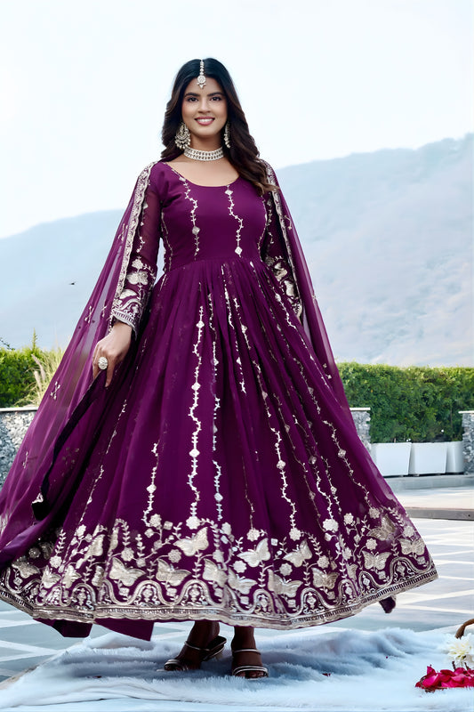 Fancy Purple Faux Georgette Embroidered Party Wear Readymade Gown with Dupatta