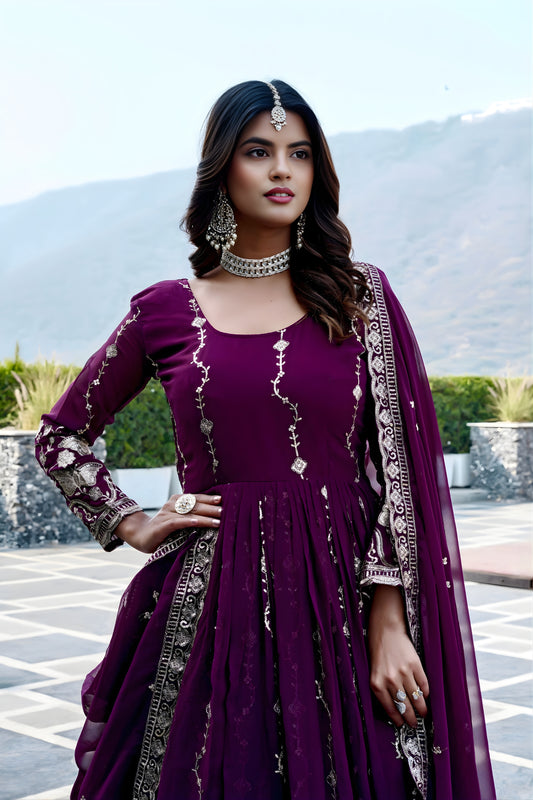 Fancy Purple Faux Georgette Embroidered Party Wear Readymade Gown with Dupatta