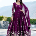 Fancy Purple Faux Georgette Embroidered Party Wear Readymade Gown with Dupatta