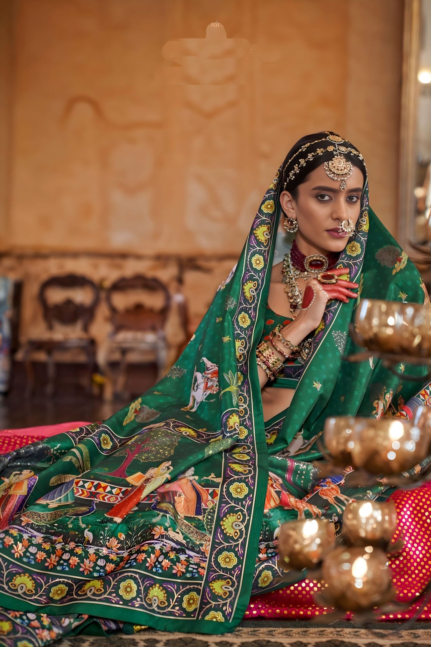 Bottle Green Heritage Printed Designer Saree Traditional Saree