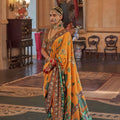 Mustard Yellow Heritage Print Silk Saree with Traditional Border Pallu