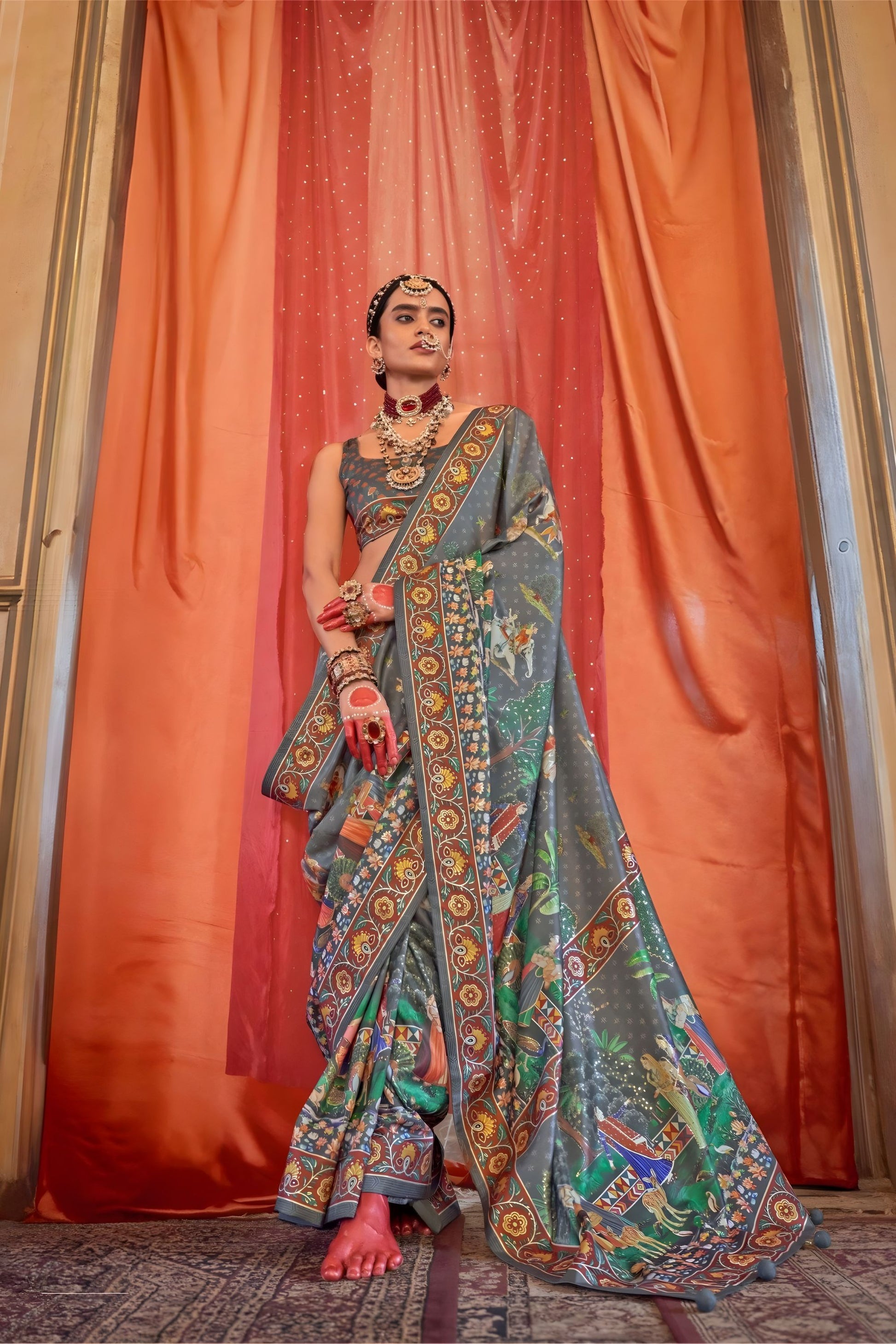 Grey Heritage Print Silk Saree with Traditional Border Artistic Pallu