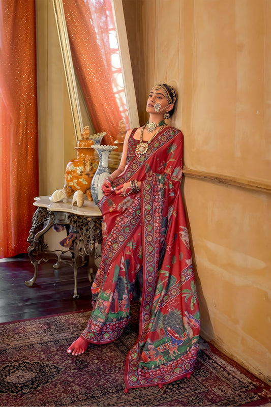 Red Heritage Print Silk Saree with Traditional Border Artistic Pallu
