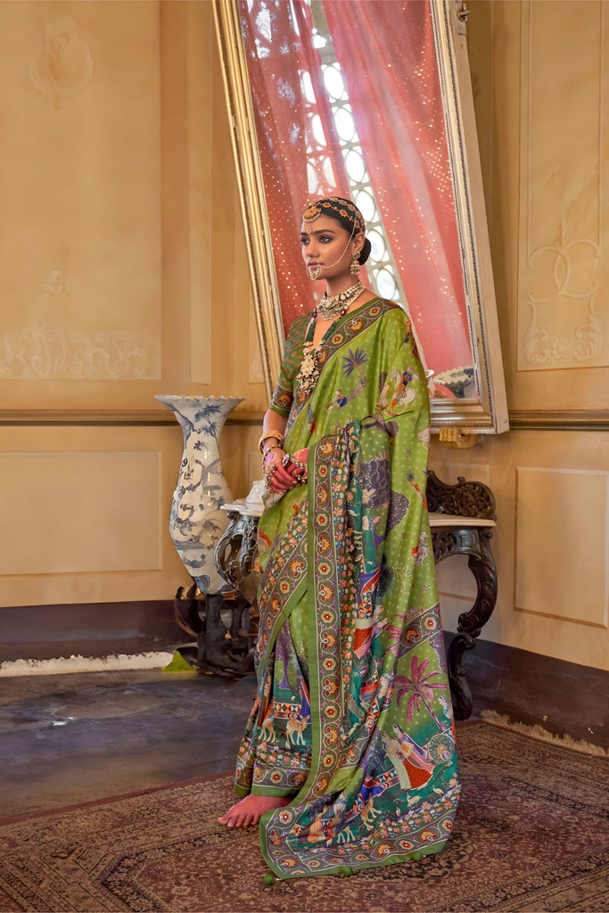 Green Heritage Print Silk Saree with Traditional Border Artistic Pallu