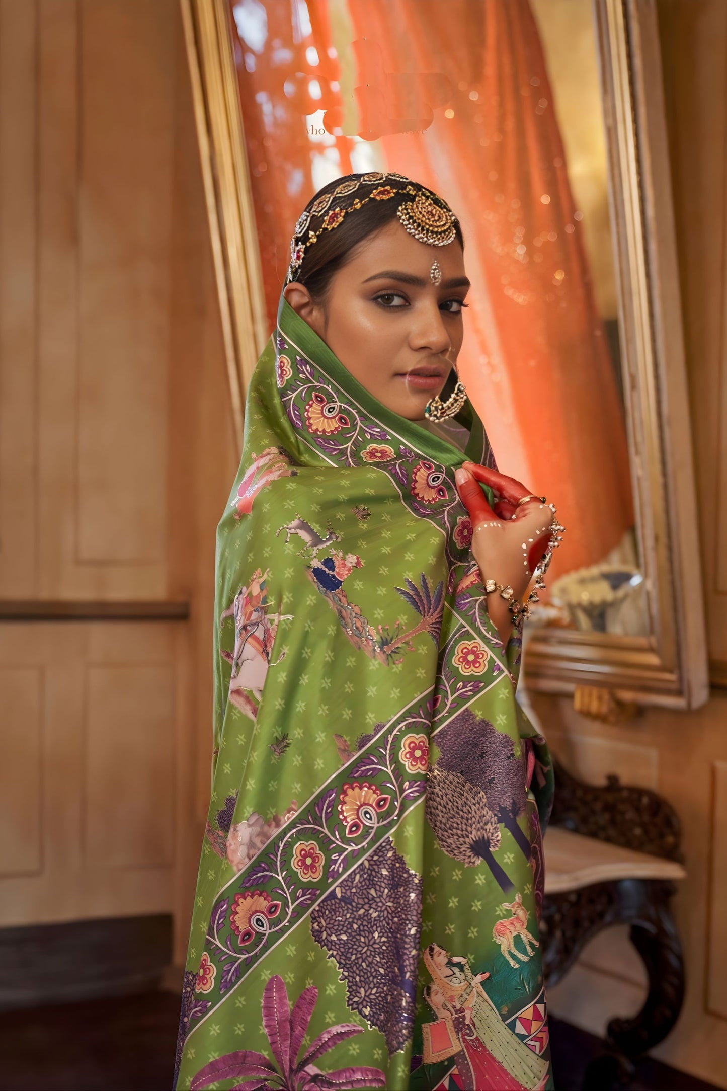 Green Heritage Print Silk Saree with Traditional Border Artistic Pallu