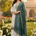 Elegant Off White Faux Georgette Embroidered Readymade Palazzo Suit with Green Dupatta