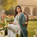 Elegant Off White Faux Georgette Embroidered Readymade Palazzo Suit with Green Dupatta