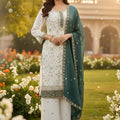 Elegant Off White Faux Georgette Embroidered Readymade Palazzo Suit with Green Dupatta