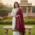 Charming Off White Faux Georgette Embroidered Readymade Palazzo Suit with Maroon Dupatta