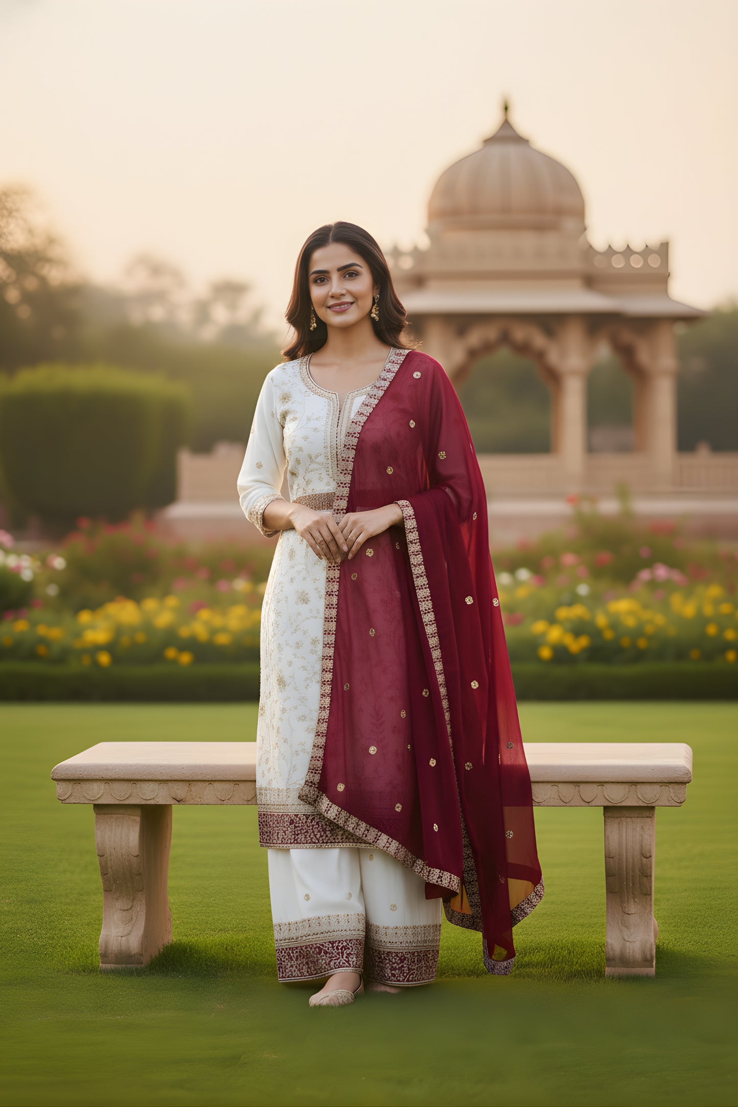 Charming Off White Faux Georgette Embroidered Readymade Palazzo Suit with Maroon Dupatta