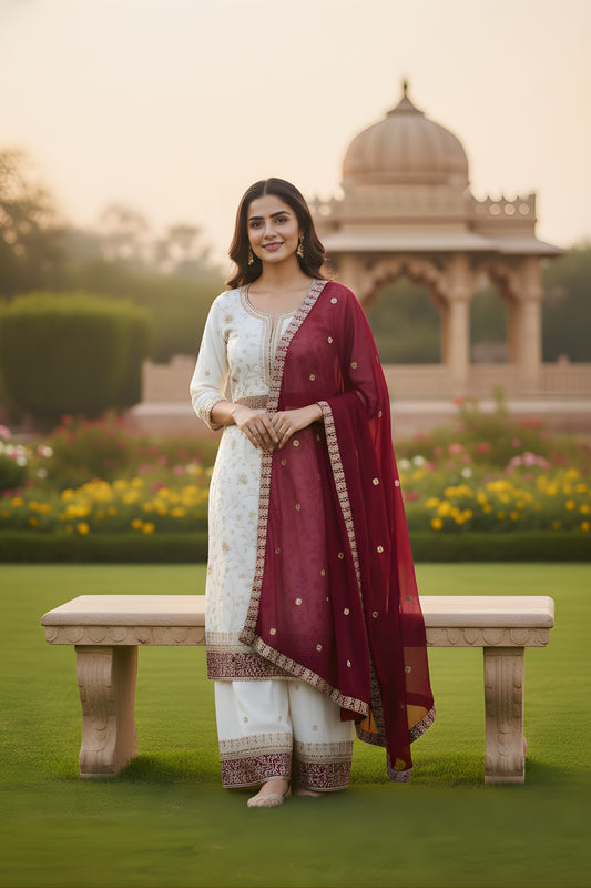 Charming Off White Faux Georgette Embroidered Readymade Palazzo Suit with Maroon Dupatta