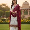 Charming Off White Faux Georgette Embroidered Readymade Palazzo Suit with Maroon Dupatta