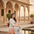 Glorious Off White Faux Georgette Embroidered Readymade Palazzo Suit with Peach Dupatta