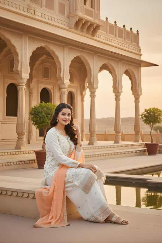 Glorious Off White Faux Georgette Embroidered Readymade Palazzo Suit with Peach Dupatta