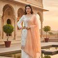 Glorious Off White Faux Georgette Embroidered Readymade Palazzo Suit with Peach Dupatta