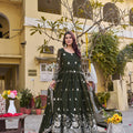 Elegant Dark Green Faux Georgette Embroidered Party Wear Readymade Gown with Dupatta