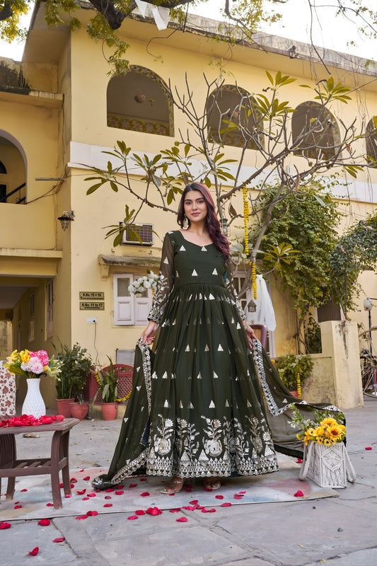 Elegant Dark Green Faux Georgette Embroidered Party Wear Readymade Gown with Dupatta