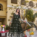 Elegant Dark Green Faux Georgette Embroidered Party Wear Readymade Gown with Dupatta