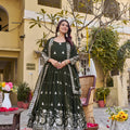 Elegant Dark Green Faux Georgette Embroidered Party Wear Readymade Gown with Dupatta