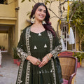 Elegant Dark Green Faux Georgette Embroidered Party Wear Readymade Gown with Dupatta