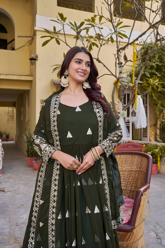 Elegant Dark Green Faux Georgette Embroidered Party Wear Readymade Gown with Dupatta