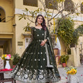 Elegant Dark Green Faux Georgette Embroidered Party Wear Readymade Gown with Dupatta