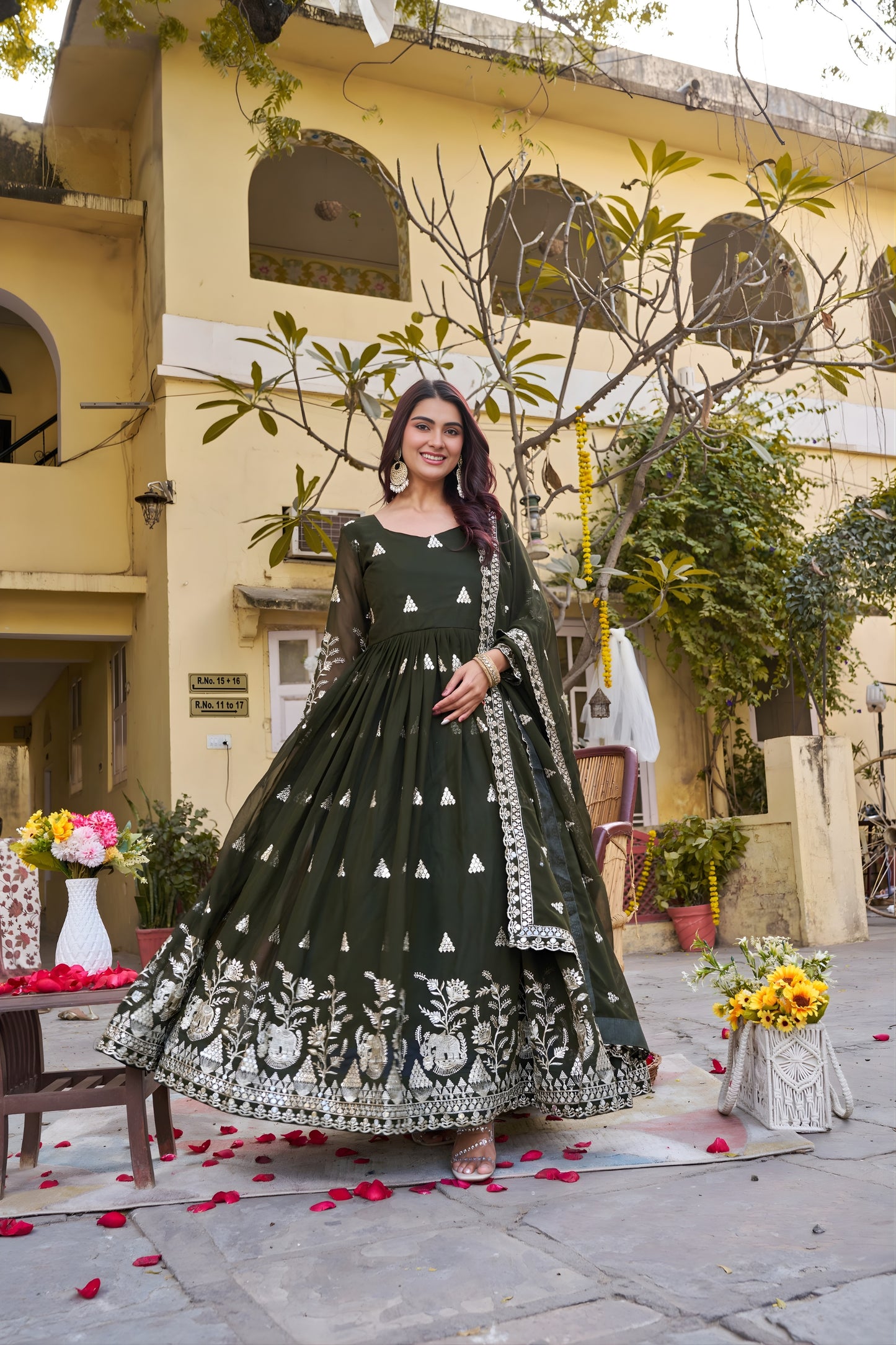 Elegant Dark Green Faux Georgette Embroidered Party Wear Readymade Gown with Dupatta