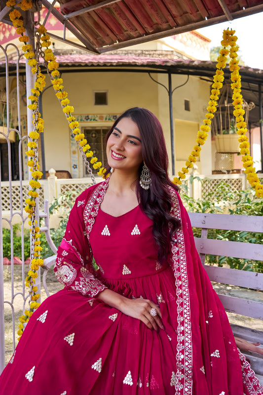 Stunning Rani Pink Faux Georgette Embroidered Party Wear Readymade Gown with Dupatta for Women