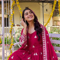 Stunning Rani Pink Faux Georgette Embroidered Party Wear Readymade Gown with Dupatta for Women