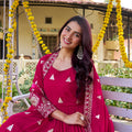 Stunning Rani Pink Faux Georgette Embroidered Party Wear Readymade Gown with Dupatta for Women