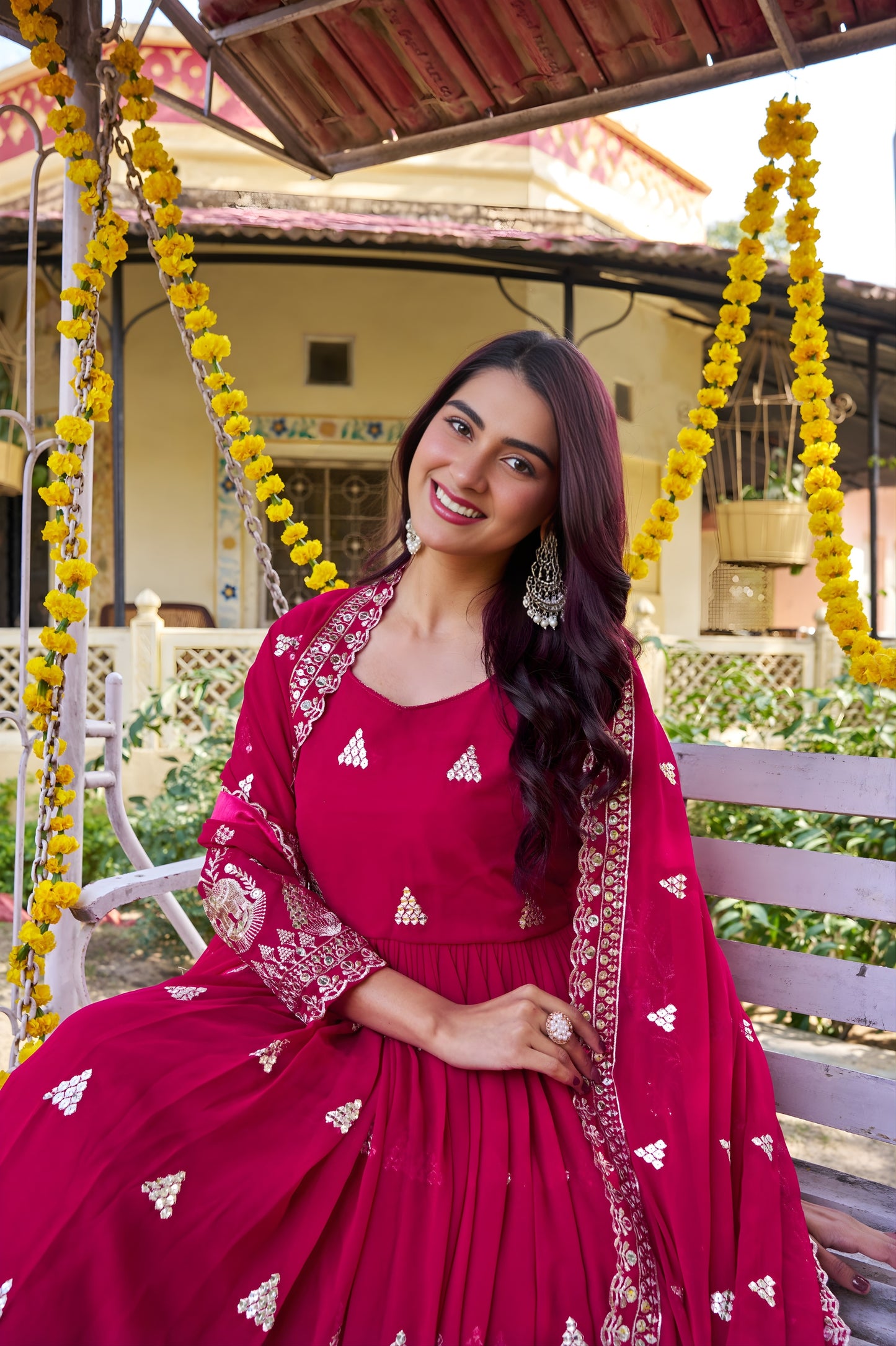 Stunning Rani Pink Faux Georgette Embroidered Party Wear Readymade Gown with Dupatta for Women