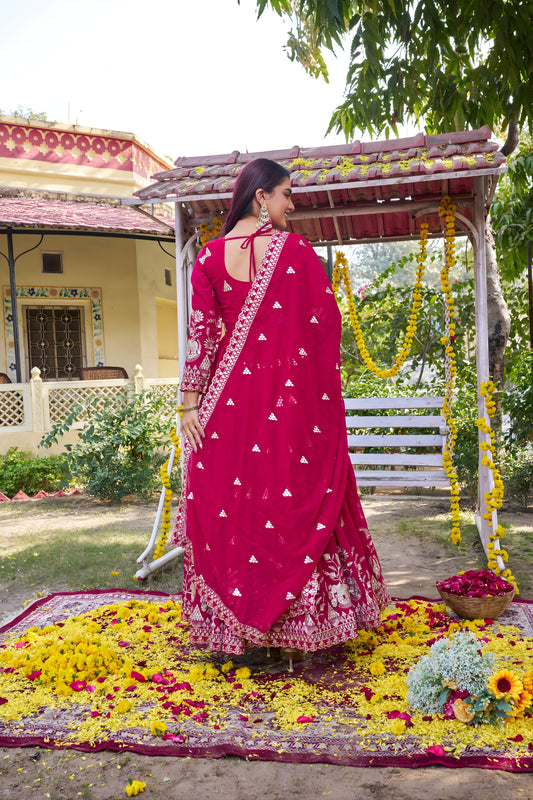 Stunning Rani Pink Faux Georgette Embroidered Party Wear Readymade Gown with Dupatta for Women