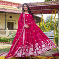 Stunning Rani Pink Faux Georgette Embroidered Party Wear Readymade Gown with Dupatta for Women
