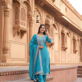 Elegant Teal Blue Chanderi Cotton Sequins Readymade Salwar Suit with Dupatta