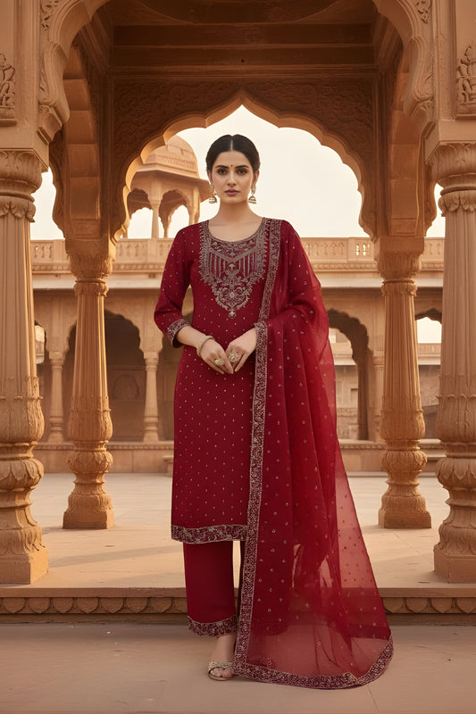 Fancy Maroon Chanderi Cotton Sequins Embroidered Readymade Salwar Suit with Dupatta